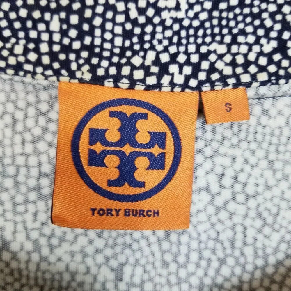 Tory Burch Women Beaded Neckline Blouse Top Sz S Navy White Printed Jersey‎